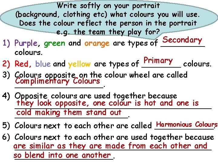 Write softly on your portrait (background, clothing etc) what colours you will use. Does