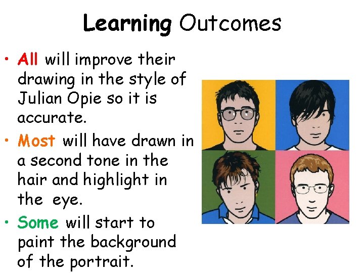 Learning Outcomes • All will improve their drawing in the style of Julian Opie