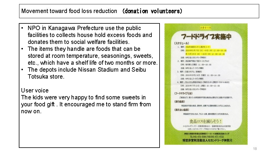 Movement toward food loss reduction （donation volunteers） • NPO in Kanagawa Prefecture use the