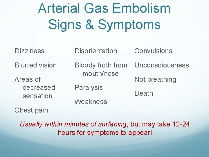 Arterial Gas Embolism Signs & Symptoms Dizziness Disorientation Blurred vision Bloody froth from Unconsciousness Arterial Gas Embolism Signs & Symptoms Dizziness Disorientation Blurred vision Bloody froth from Unconsciousness