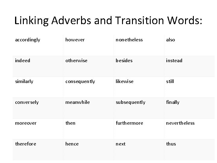 Linking Adverbs and Transition Words: accordingly however nonetheless also indeed otherwise besides instead similarly