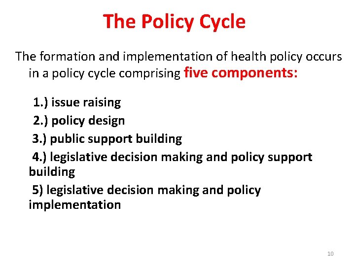 The Policy Cycle The formation and implementation of health policy occurs in a policy
