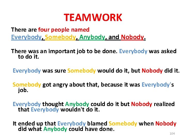 TEAMWORK There are four people named Everybody, Somebody, Anybody, and Nobody. There was an