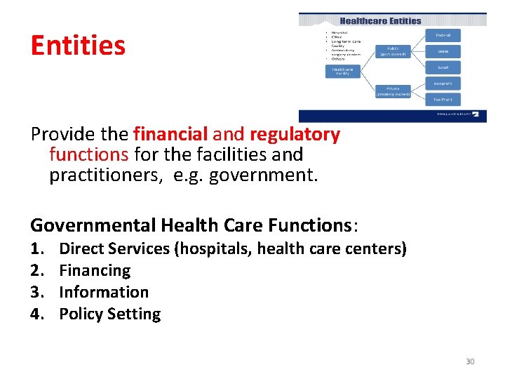Entities Provide the financial and regulatory functions for the facilities and practitioners, e. g.
