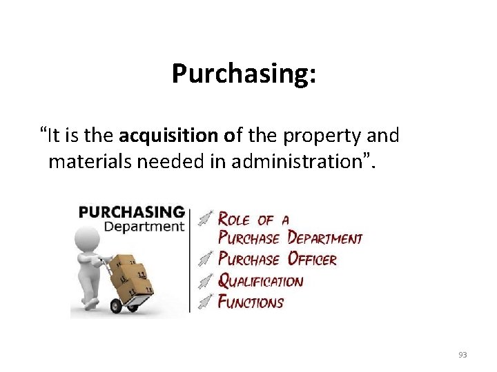 Purchasing: “It is the acquisition of the property and materials needed in administration”. 93