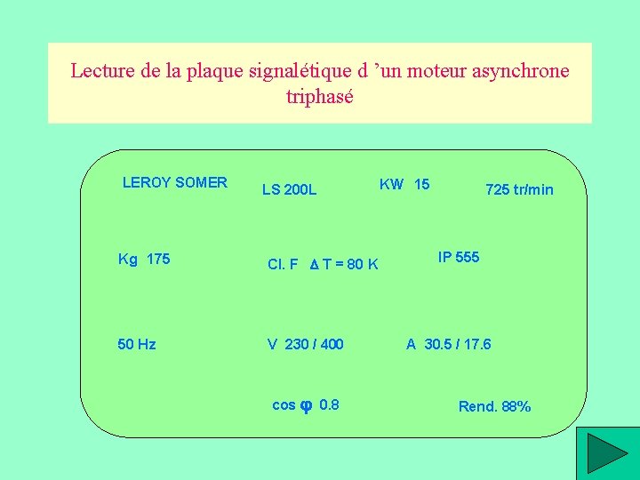 Lecture de la plaque signalétique d ’un moteur asynchrone triphasé LEROY SOMER LS 200