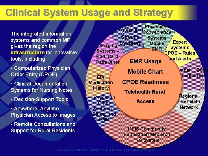 Clinical System Usage and Strategy The integrated information systems and common MPI gives the