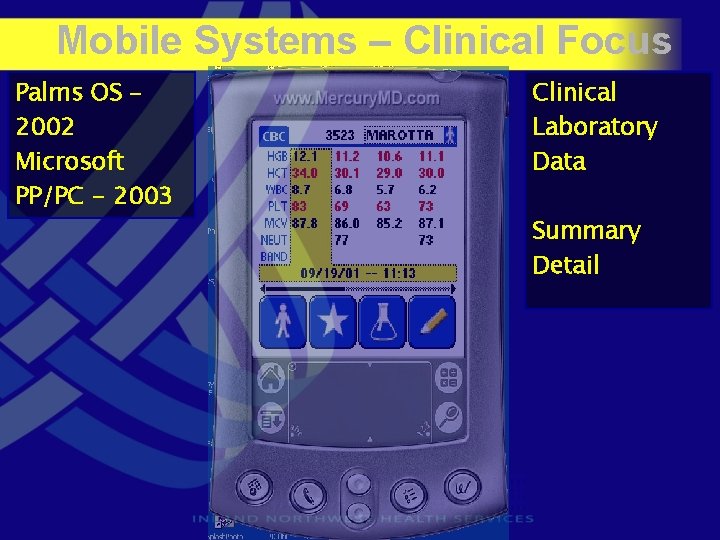 Mobile Systems – Clinical Focus Palms OS – 2002 Microsoft PP/PC - 2003 Clinical