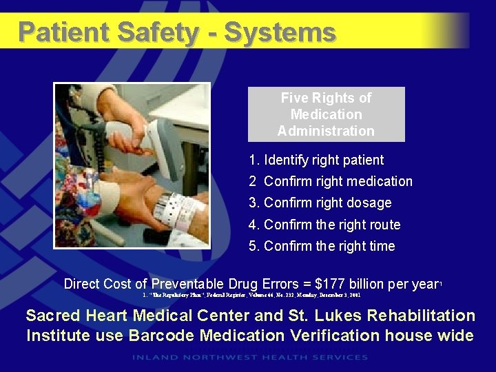 Patient Safety - Systems Five Rights of Medication Administration 1. Identify right patient 2