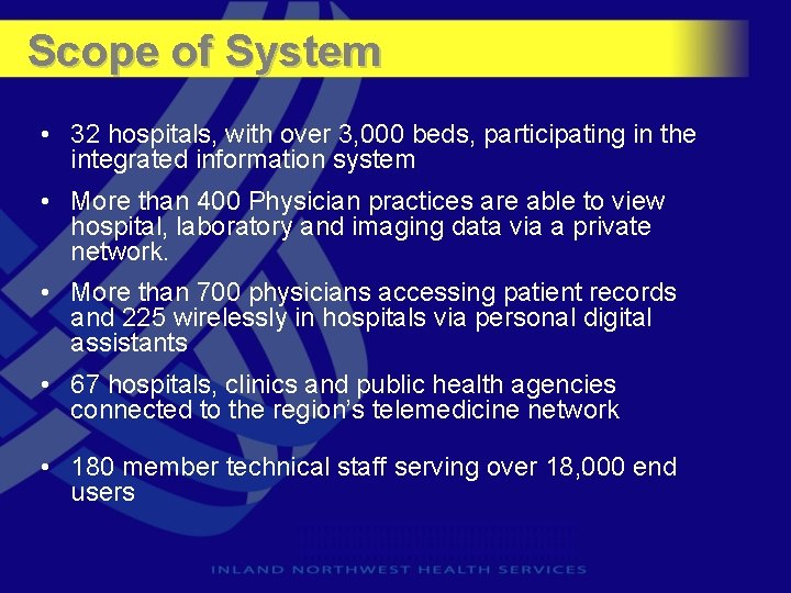 Scope of System • 32 hospitals, with over 3, 000 beds, participating in the