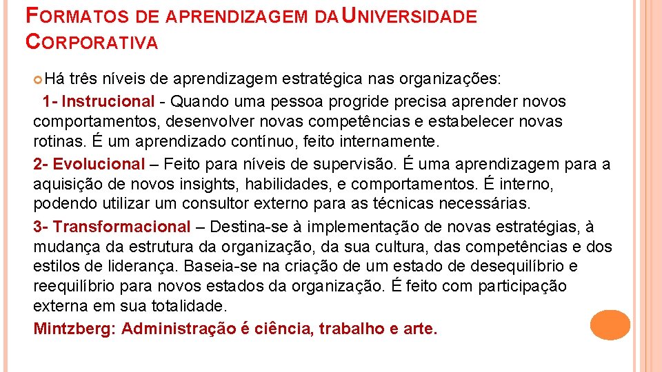 FORMATOS DE APRENDIZAGEM DA UNIVERSIDADE CORPORATIVA Há três níveis de aprendizagem estratégica nas organizações: