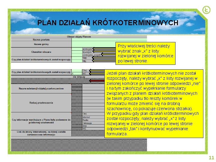 PLAN DZIAŁAŃ KRÓTKOTERMINOWYCH Przy właściwej treści należy wybrać znak „x” z listy rozwijanej w