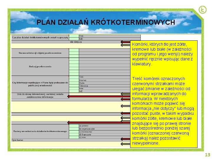 PLAN DZIAŁAŃ KRÓTKOTERMINOWYCH Komórki, których tło jest żółte, kremowe lub białe (w zależności od