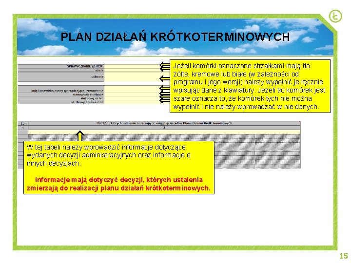 PLAN DZIAŁAŃ KRÓTKOTERMINOWYCH Jeżeli komórki oznaczone strzałkami mają tło żółte, kremowe lub białe (w