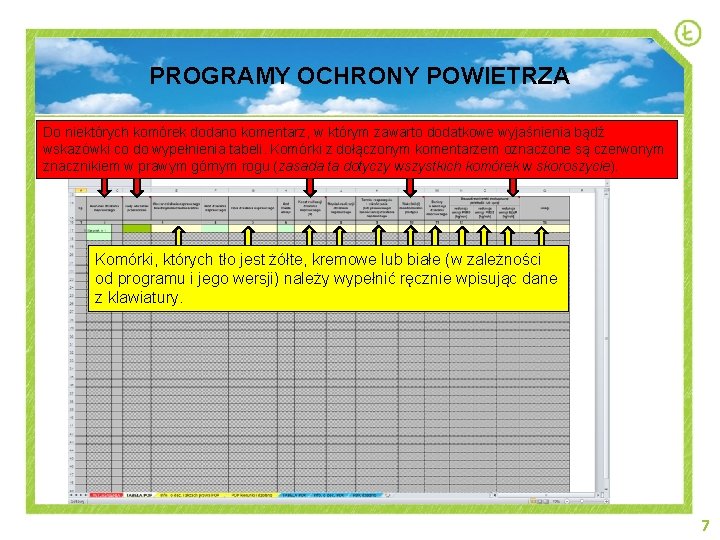 PROGRAMY OCHRONY POWIETRZA Do niektórych komórek dodano komentarz, w którym zawarto dodatkowe wyjaśnienia bądź