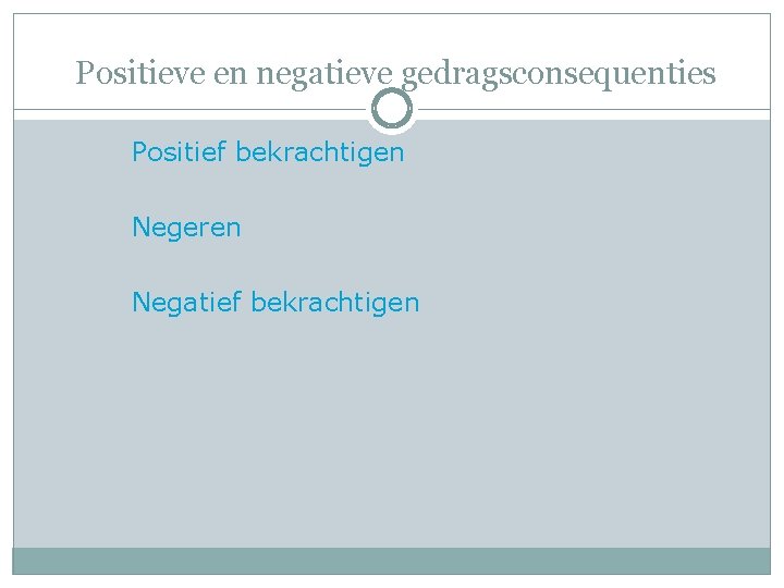 Positieve en negatieve gedragsconsequenties Positief bekrachtigen Negeren Negatief bekrachtigen 