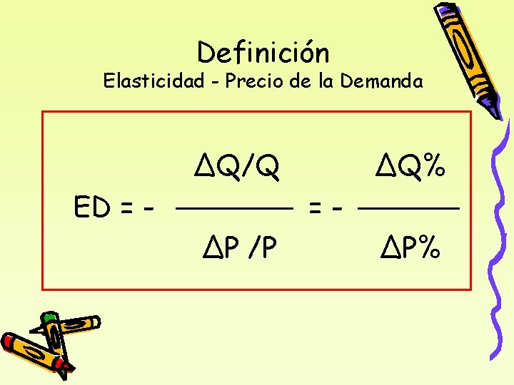 Definición Elasticidad - Precio de la Demanda ΔQ/Q ED = - ΔQ% =- ΔP