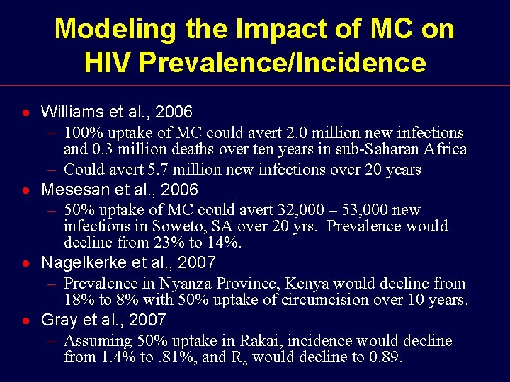 Modeling the Impact of MC on HIV Prevalence/Incidence · Williams et al. , 2006