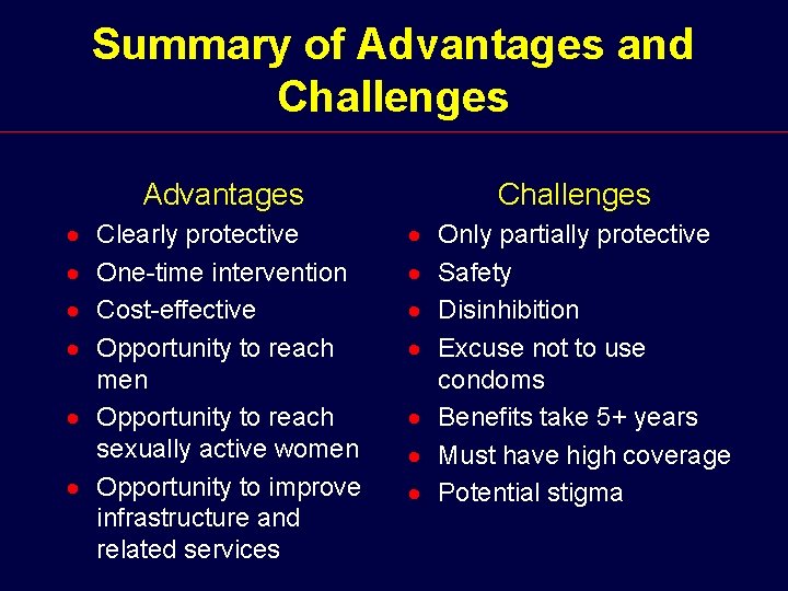 Summary of Advantages and Challenges Advantages · · Clearly protective One-time intervention Cost-effective Opportunity