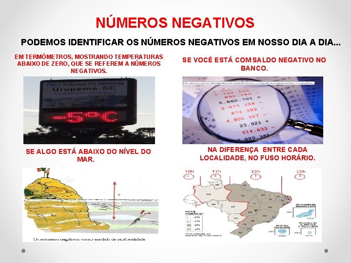 NÚMEROS NEGATIVOS PODEMOS IDENTIFICAR OS NÚMEROS NEGATIVOS EM NOSSO DIA A DIA. . .