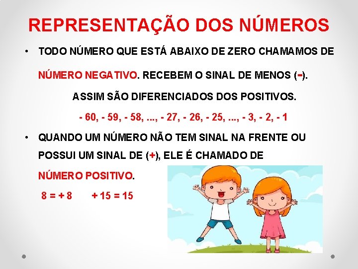 REPRESENTAÇÃO DOS NÚMEROS • TODO NÚMERO QUE ESTÁ ABAIXO DE ZERO CHAMAMOS DE NÚMERO