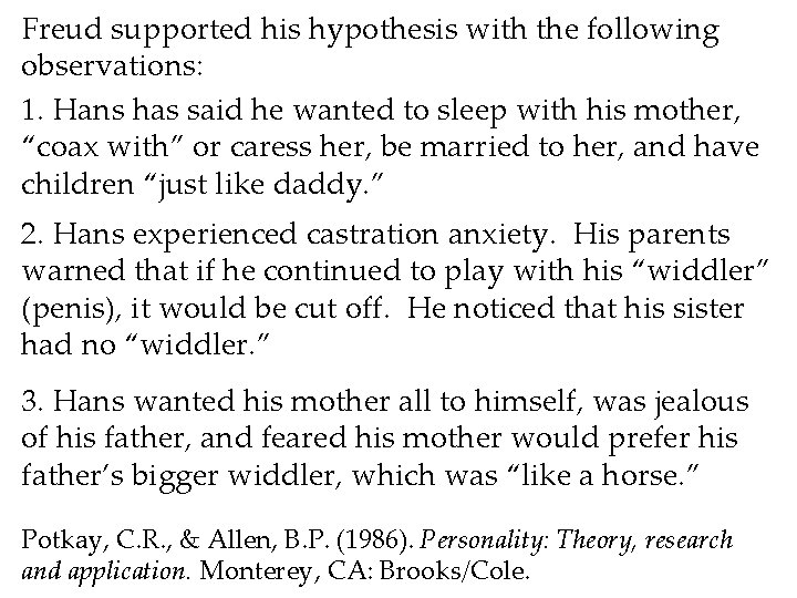 Freud supported his hypothesis with the following observations: 1. Hans has said he wanted