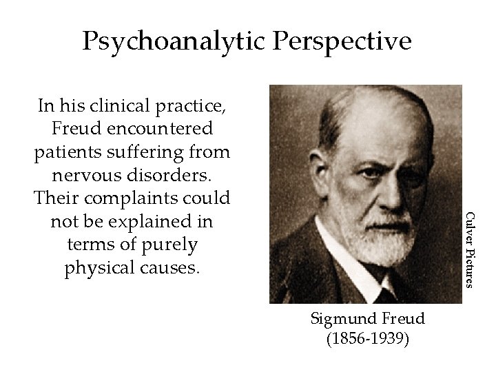 Psychoanalytic Perspective Culver Pictures In his clinical practice, Freud encountered patients suffering from nervous