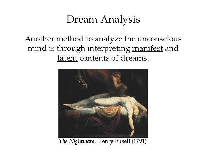 Dream Analysis Another method to analyze the unconscious mind is through interpreting manifest and