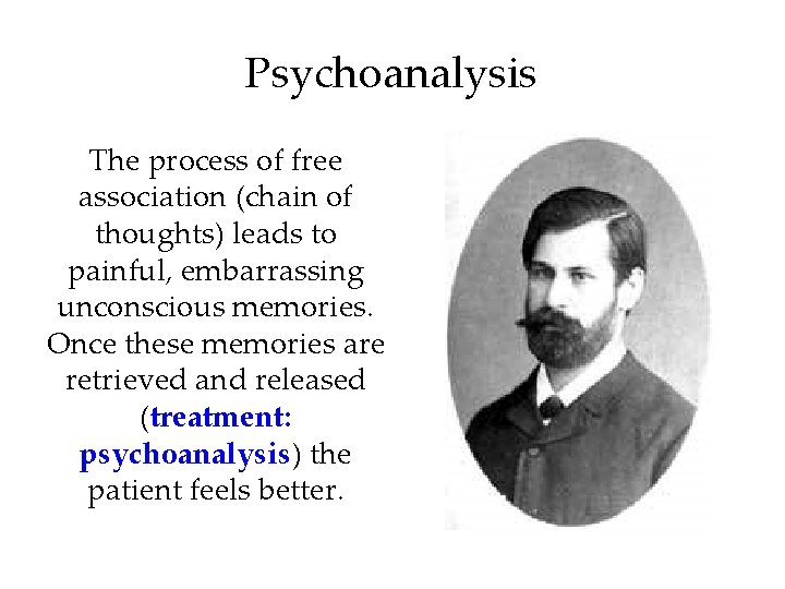 Psychoanalysis The process of free association (chain of thoughts) leads to painful, embarrassing unconscious