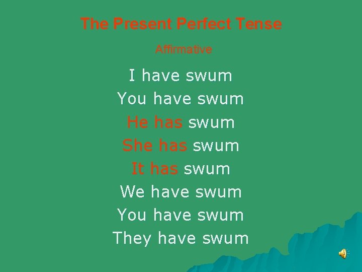 The Present Perfect Tense Affirmative I have swum You have swum He has swum