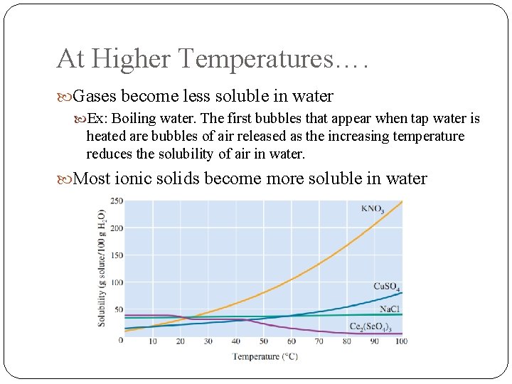 At Higher Temperatures…. Gases become less soluble in water Ex: Boiling water. The first