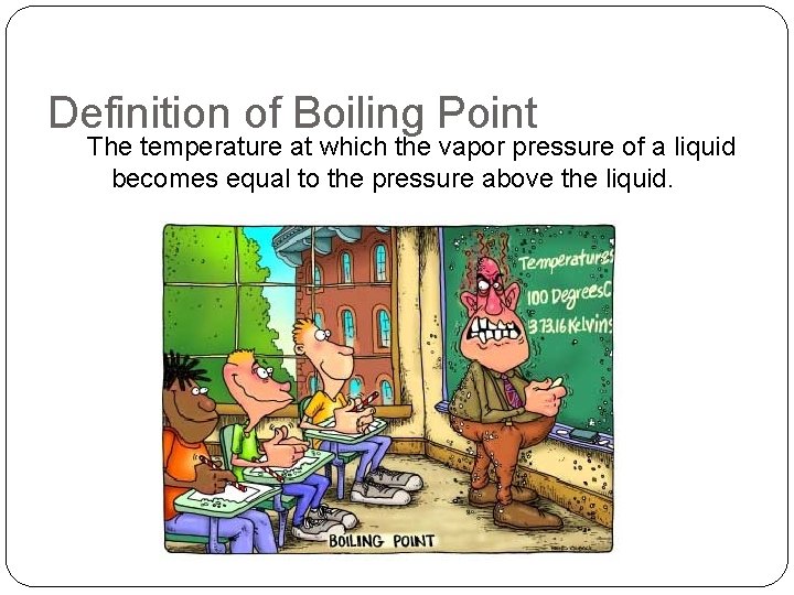 Definition of Boiling Point The temperature at which the vapor pressure of a liquid
