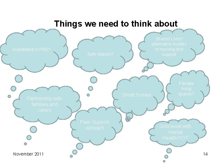 Things we need to think about Investment in FRS? Safe spaces? Smart homes Partnership Things we need to think about Investment in FRS? Safe spaces? Smart homes Partnership