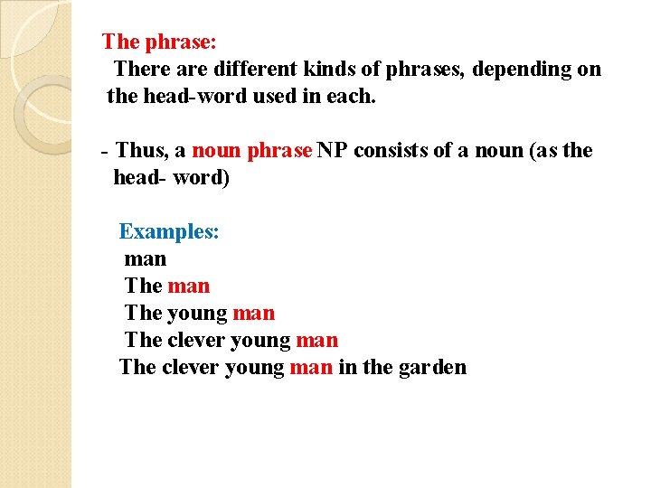 The phrase: There are different kinds of phrases, depending on the head-word used in