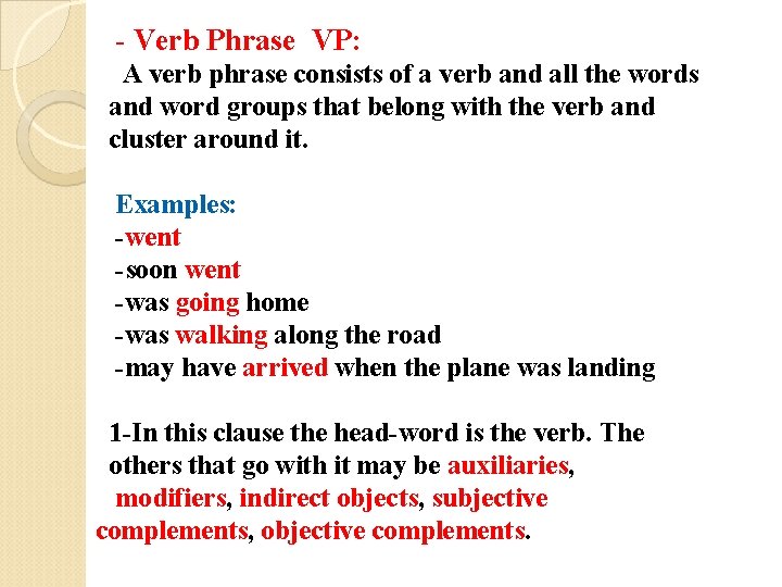 - Verb Phrase VP: A verb phrase consists of a verb and all the