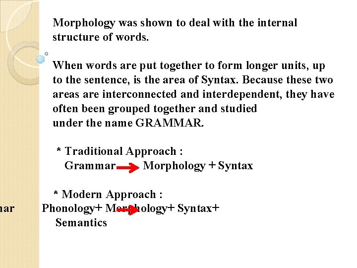 mar Morphology was shown to deal with the internal structure of words. When words