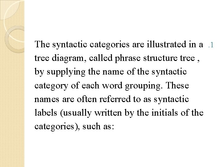 The syntactic categories are illustrated in a. 1 tree diagram, called phrase structure tree
