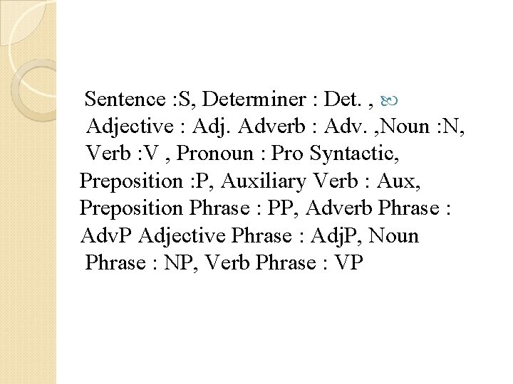 Sentence : S, Determiner : Det. , Adjective : Adj. Adverb : Adv. ,