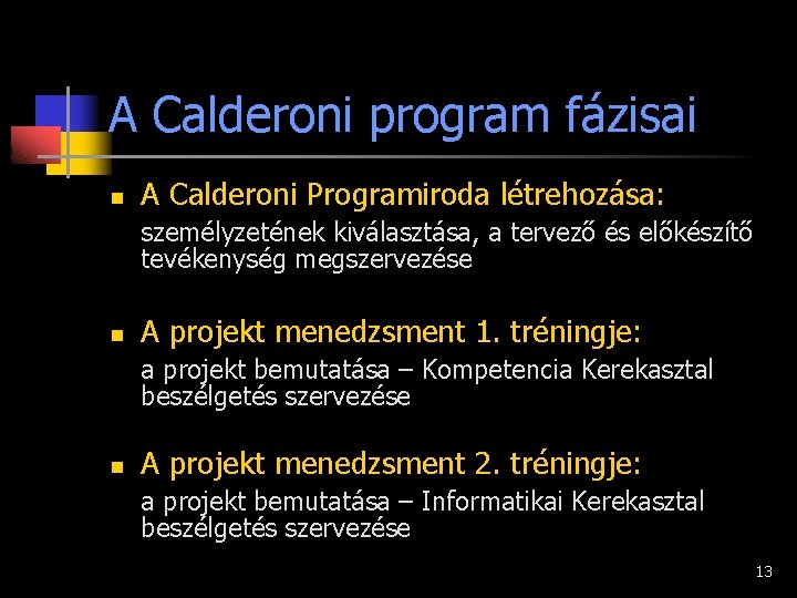 A Calderoni program fázisai n A Calderoni Programiroda létrehozása: személyzetének kiválasztása, a tervező és
