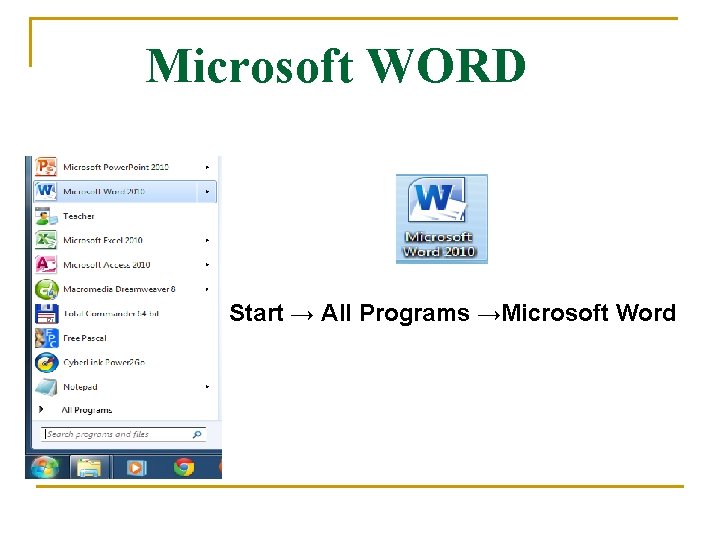 Microsoft WORD Start → All Programs →Microsoft Word 