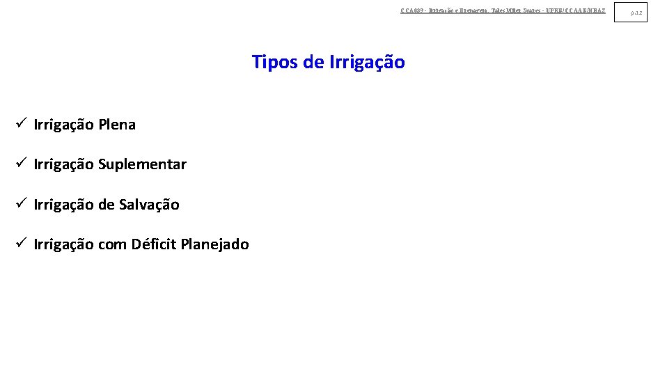 CCA 039 - Irrigação e Drenagem. Tales Miler Soares - UFRB/CCAAB/NEAS Tipos de Irrigação CCA 039 - Irrigação e Drenagem. Tales Miler Soares - UFRB/CCAAB/NEAS Tipos de Irrigação