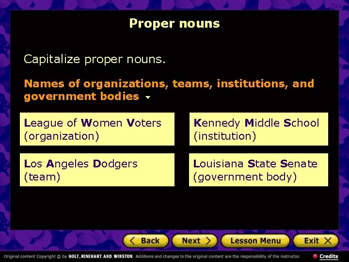 Proper nouns Capitalize proper nouns. Names of organizations, teams, institutions, and government bodies League