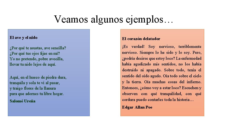 Veamos algunos ejemplos… El ave y el nido El corazón delatador ¿Por qué te
