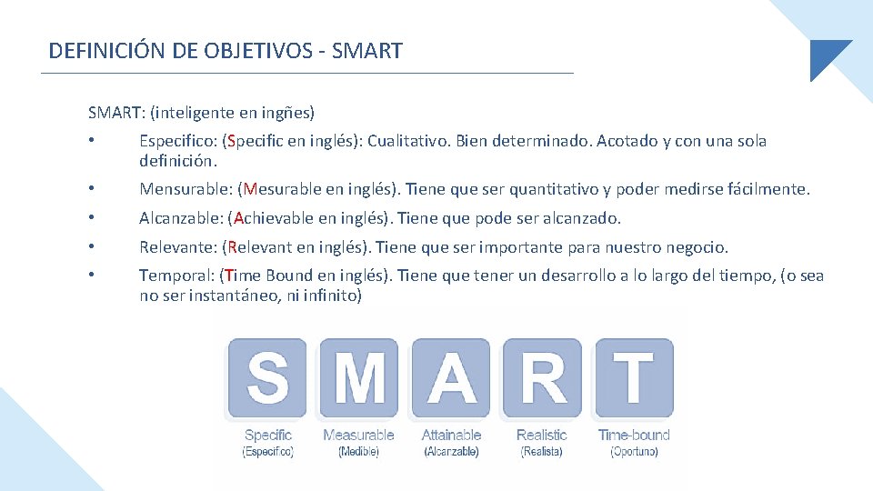 DEFINICIÓN DE OBJETIVOS - SMART: (inteligente en ingñes) • Especifico: (Specific en inglés): Cualitativo.