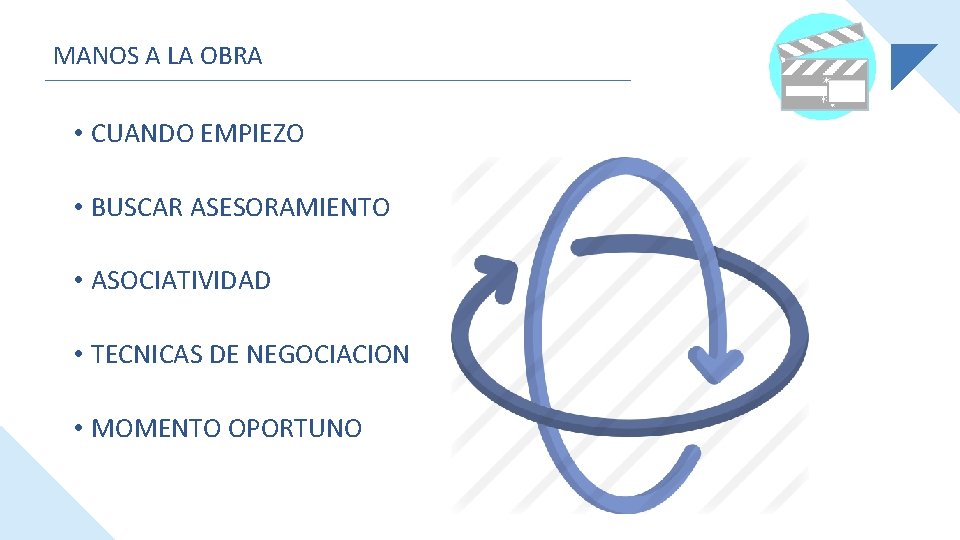 MANOS A LA OBRA • CUANDO EMPIEZO • BUSCAR ASESORAMIENTO • ASOCIATIVIDAD • TECNICAS