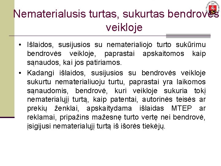 Nematerialusis turtas, sukurtas bendrovės veikloje • Išlaidos, susijusios su nematerialiojo turto sukūrimu bendrovės veikloje,