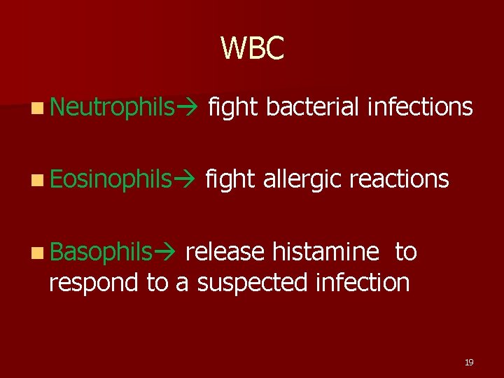 WBC n Neutrophils fight bacterial infections n Eosinophils fight allergic reactions n Basophils release