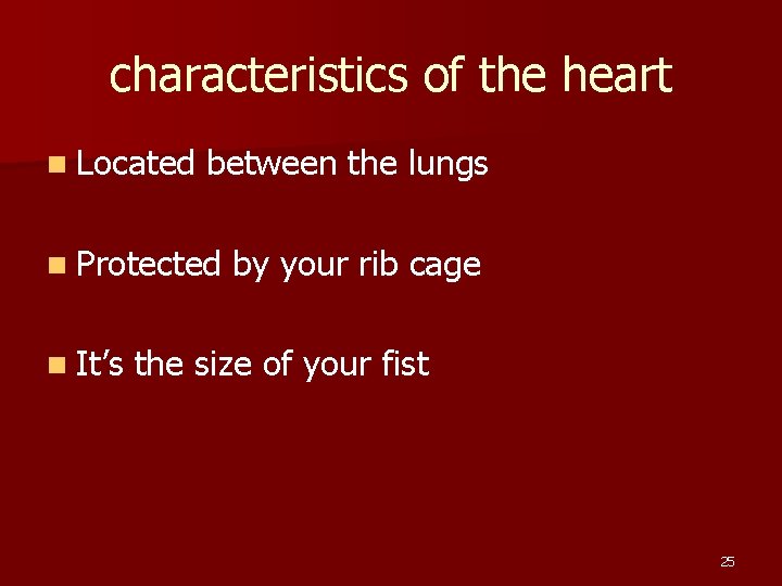 characteristics of the heart n Located between the lungs n Protected n It’s by