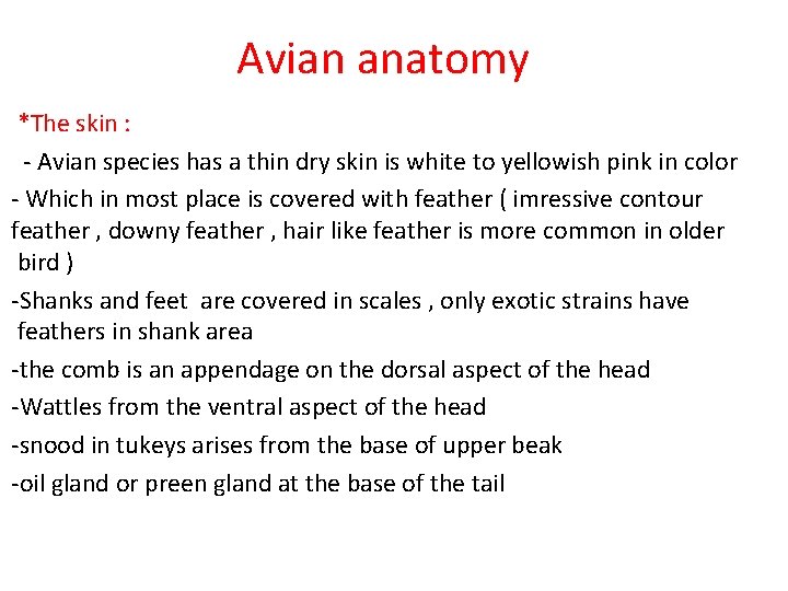Avian anatomy *The skin : - Avian species has a thin dry skin is