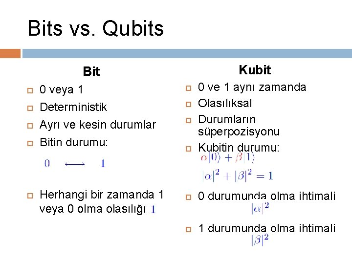 Bits vs. Qubits Bit 0 veya 1 Deterministik Ayrı ve kesin durumlar Bitin durumu: